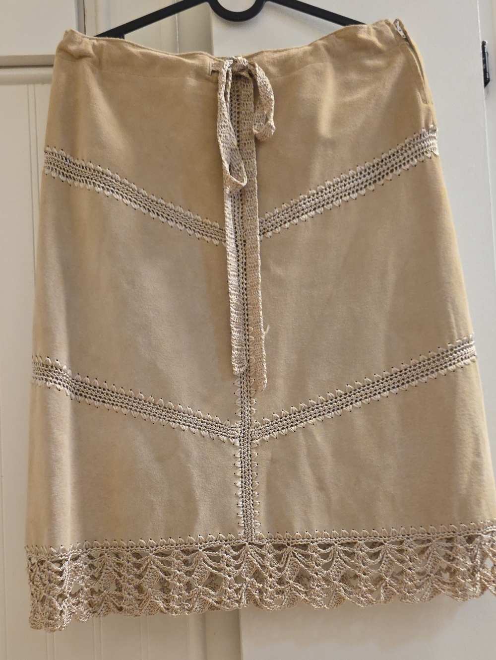 Beige Crochet-Trim A-Line Skirt with Tie Waist